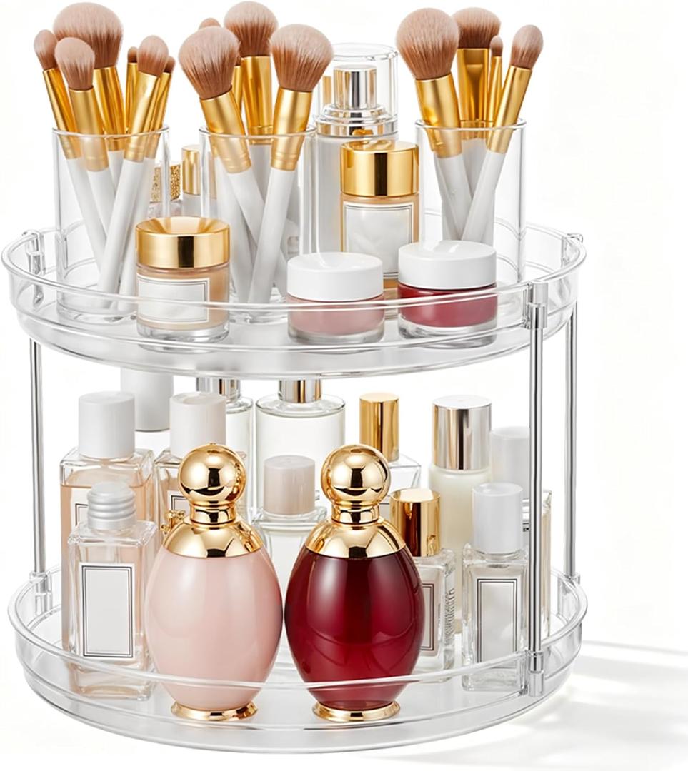 2 Pack Rotating Makeup Organizers,2 Tier Bathroom Counter Makeup Organizer,360 Rotating Vanity Organizer for Lotion, Hair, Beauty Products, Skin Care Holder, and Skincare Organizer Countertop