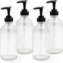 Cornucopia Brands 8oz Clear Glass Pump Bottles (4-Pack w/Black Plastic Pumps), Great as Essential Oil Bottles, Lotion Bottles, Soap Dispensers, and More