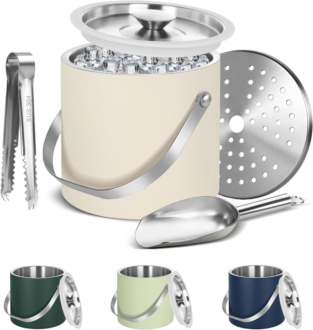 Ice Bucket, Ice Bucket with Silicone Sealing Ring Double-Wall Vacuum Insulation Champagne Buckets with Filter Layer Ice Tongs Ice Scoop (White, 3 L)
