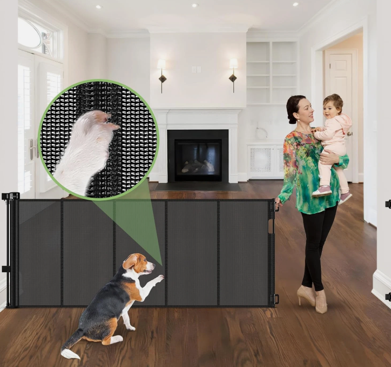 96 Inch Wide Reinforced Retractable Baby Gate with Support Rods, Extra Long Dog