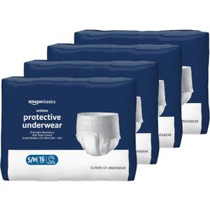 Amazon Basics Unisex Protective Underwear, Overnight Absorbency, Small/Medium, 64 Count, (4 Packs of 16)