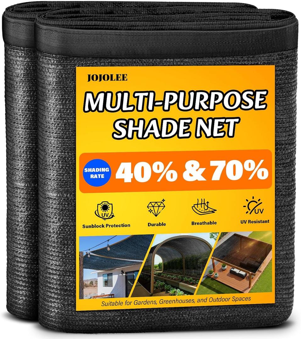 JOJOLEE 70% Sun Shade Cloth, 12x12FT Shade Net Mesh Tarp with Grommets, Black Sunblock Cover for Outdoor Patio Plants, Pergola, Greenhouse, Chicken Coop, Backyard, Balcony