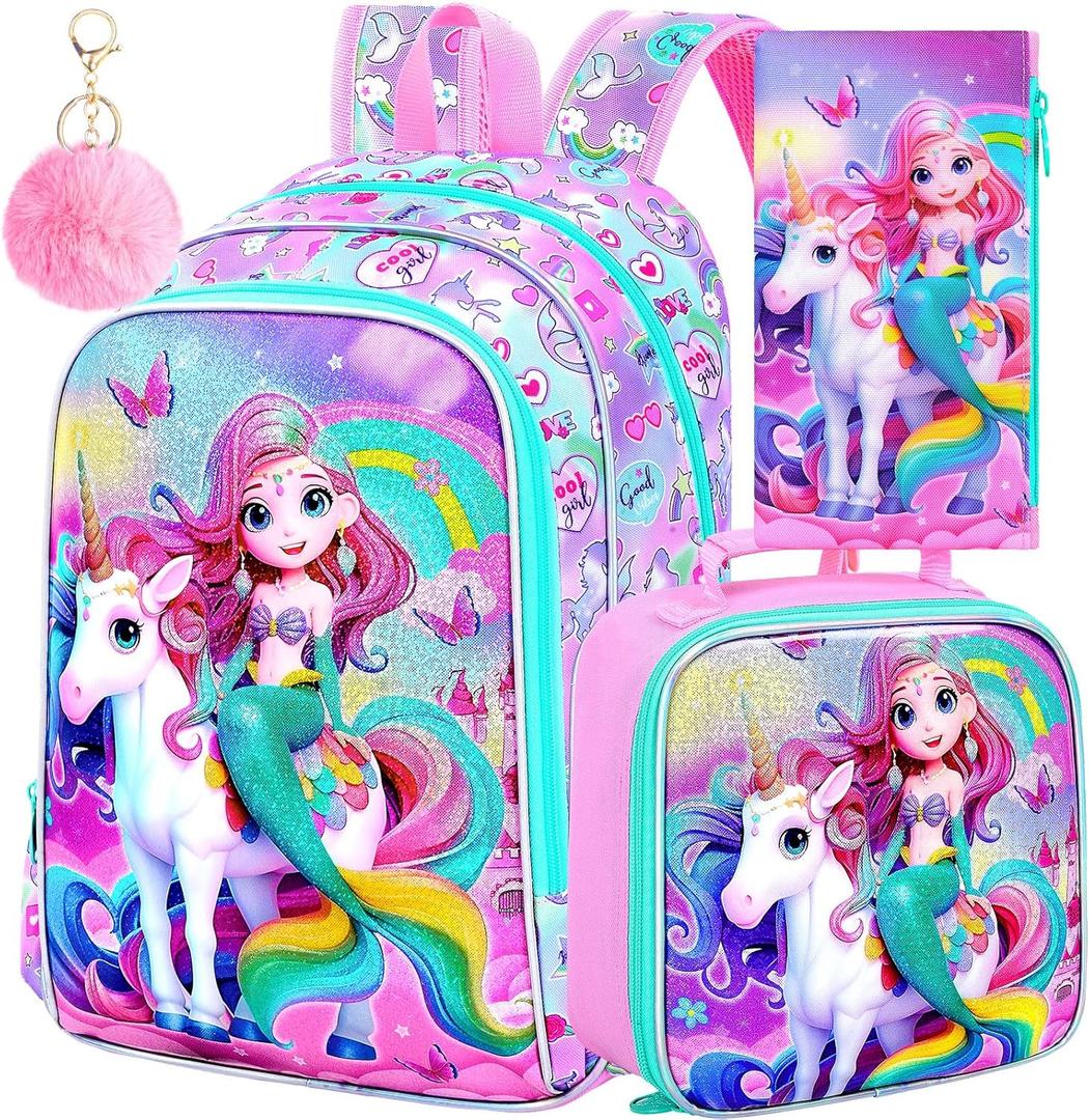 AGSDON 3PCS Mermaid Backpack for Girls, 16" Kids Backpacks Water Resistant with Lunch Box, Bookbag for Elementary Preschool (Fish Uni Rainbow)