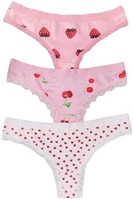 WDIRARA Women's 3 Pack Cute Graphic Panties Set Lace Trim Low Rise Comfy Thong Underwear Size L