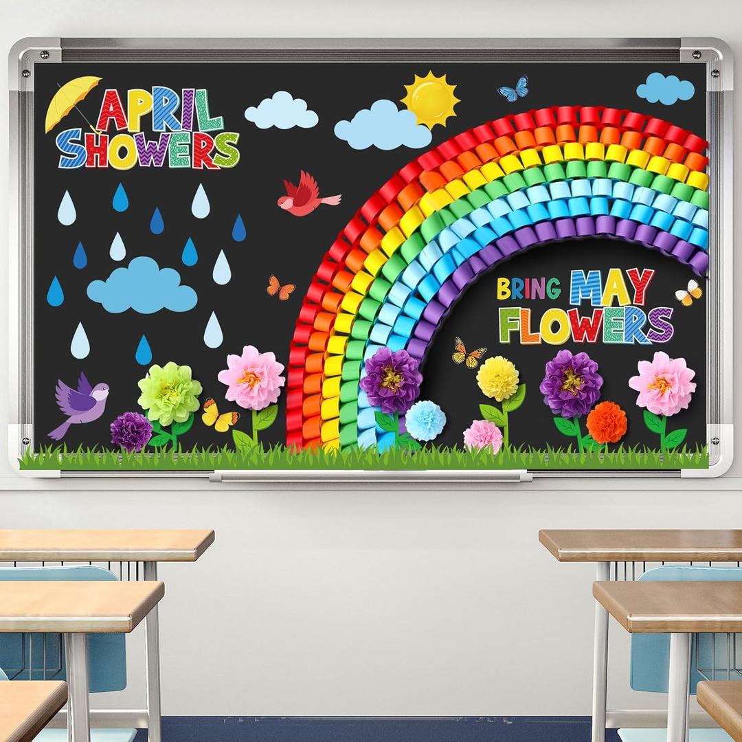 Blosssound Spring Bulletin Board Decorations April Showers Bring May Flowers Decorations 3D Spring Flower Rainbow Cutouts with Paper Flowers Blackboard Wall Decals for School Home Party Decor