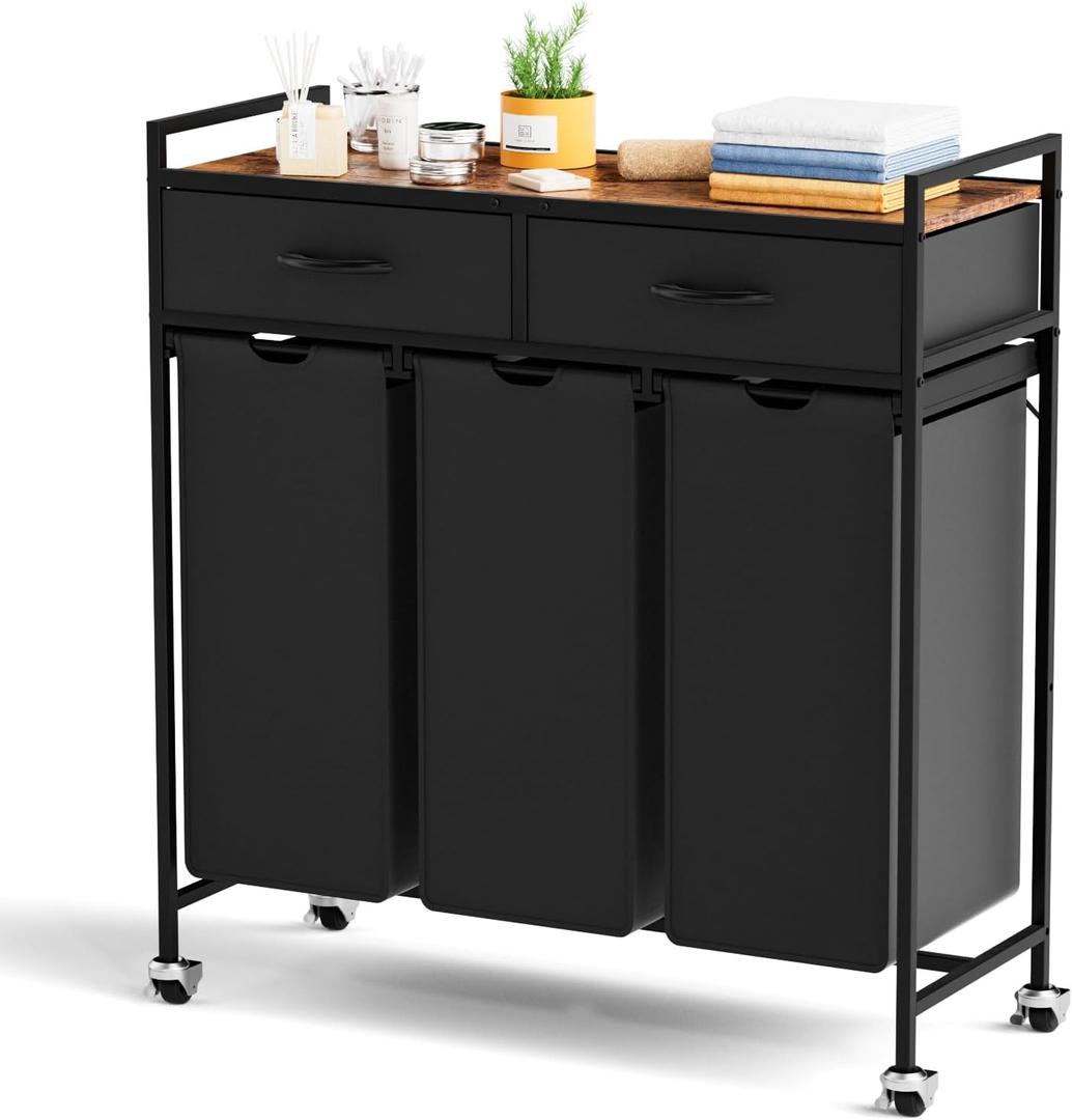Laundry Sorter with 3 Section Pull Out Bags Rolling Laundry Basket Organizer with 2 Drawers Laundry Hamper with Shelves and Wheels for Laundry Room, Bathroom, Bedroom Organization