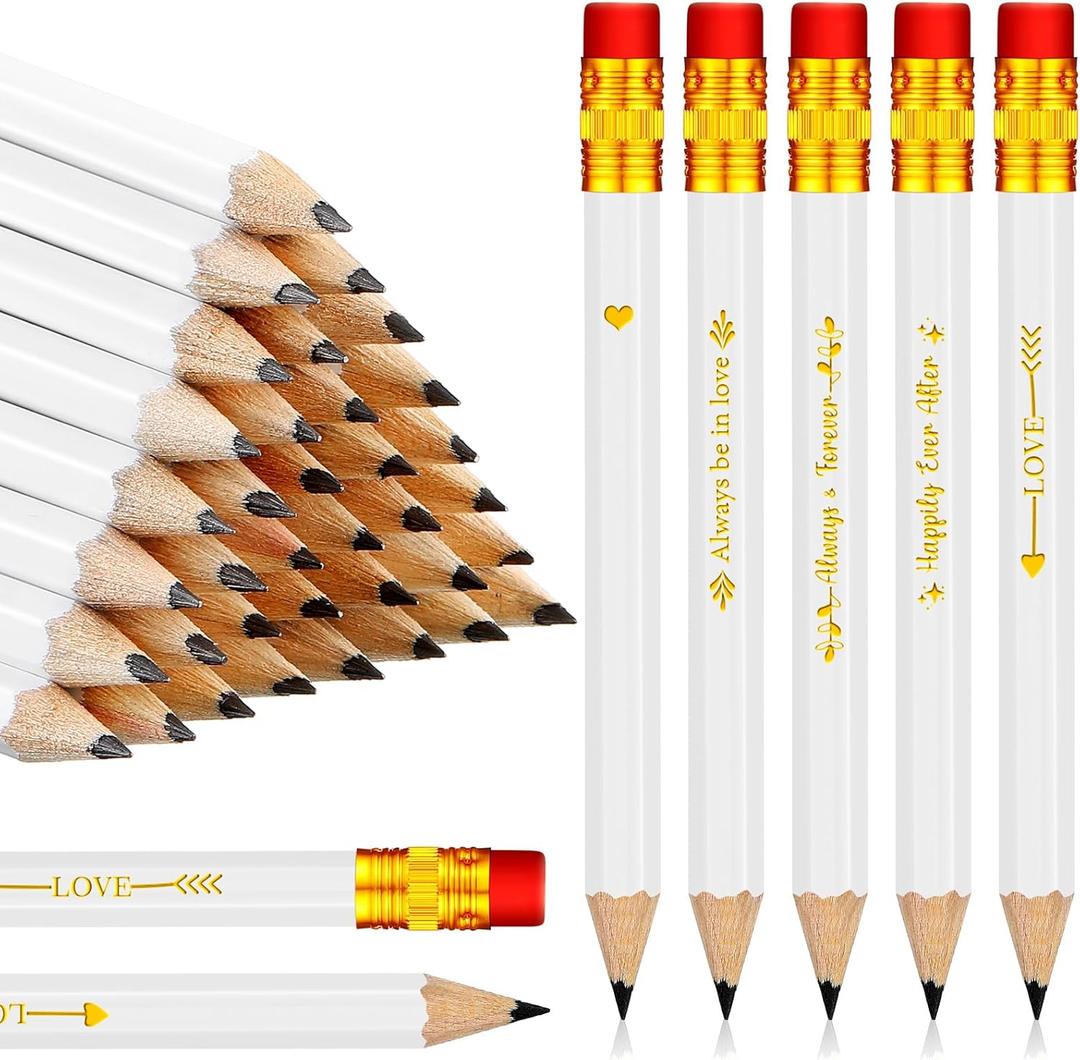 Crtiin 50 Pcs Wedding Pencils for Bridal Shower Mini Half Golf Game Pencils with Eraser 4 Inch Short Pocket Pre Sharpened for Wedding Presents, Classroom, School(White)