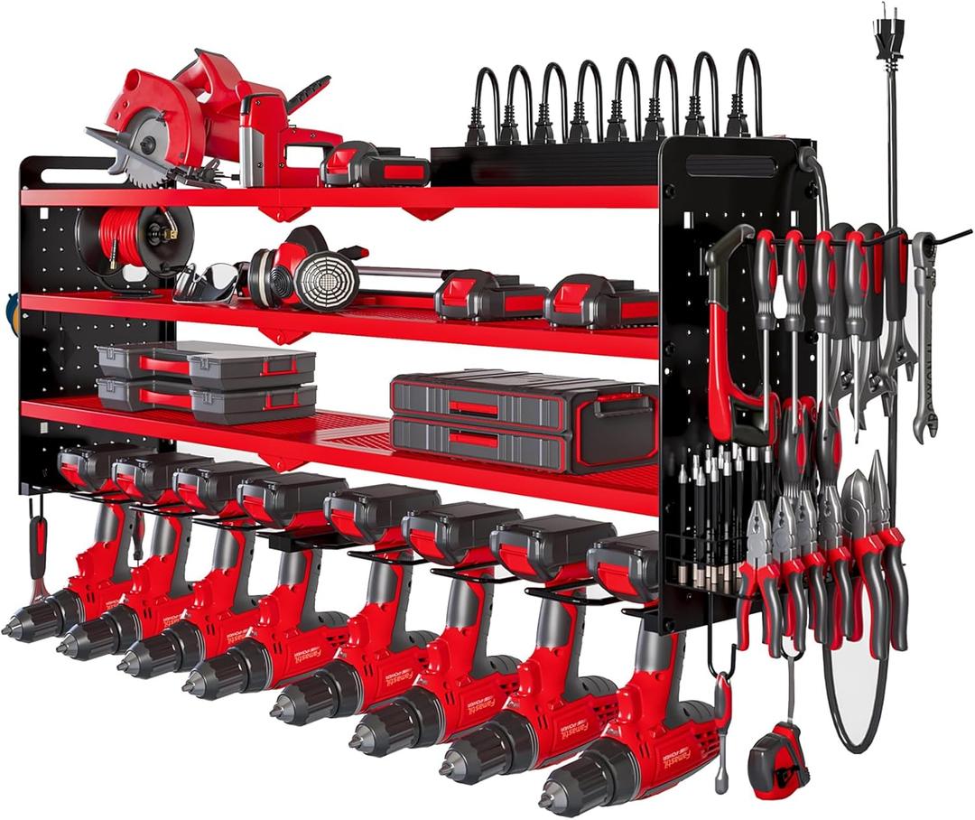 Power Tool Organizer Wall Mount with Charging Station,Cordless Tool Organizer 8 Drill Holder, 4 Layer Storage Rack for Garage Organization,Tool Holder with 8 Outlet Power Strip (Red)