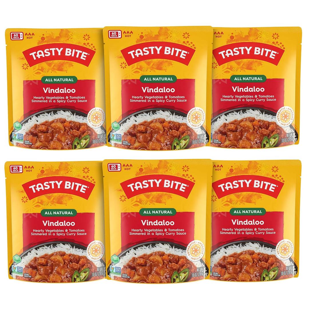 Tasty Bite Hot & Spicy Vindaloo, 10 Ounce, Pack of 6, Ready to Eat, Microwavable Entree, Sweet & Sour, Vegetarian (EXP 04/30/27)