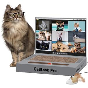 3-in-1 Cardboard Cat Scratcher Laptop with 'Mouse' Jingle Ball, Stickers, Grey Cat Interactive Toy, Kitten Toy & Cat Scratching Pad
