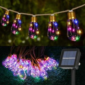 Solar Outdoor String Lights 24FT Vintage Rope Hemp Solar Lights with 20 Shatterproof Bulbs,8 Modes Solar Powered String Lights with Memory Function, Waterproof for Garden,Camping,Caf (Multicolor)