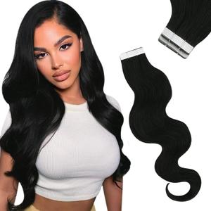 Wavy Tape in Hair Extensions Black #1B Body Wave Human Hair Tape in Extensions Black Wavy Hair Extensions Tape in Invisible Remy Straight for Women 18inch 50g