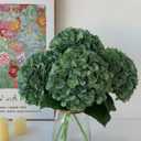YalzoneMet 4Pcs Dark Green Silk Hydrangea Artificial Flower Big Blooms 20'' Long Stem Vintage Faux Hydrangea Flower Bouquets for Home Party Indoor Outdoor Boho Table Centerpiece Decor