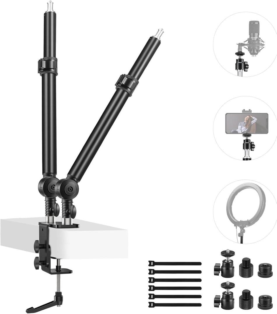 NEEWER Upgraded C Clamp Desk Mount for Dual Camera Mount Stand, 225 Tilt & 360 Swivel Telescopic 17.7"-24.8" Desktop Webcam Stand for DSLRs Overhead Photography Ring Light Phone Action Camera