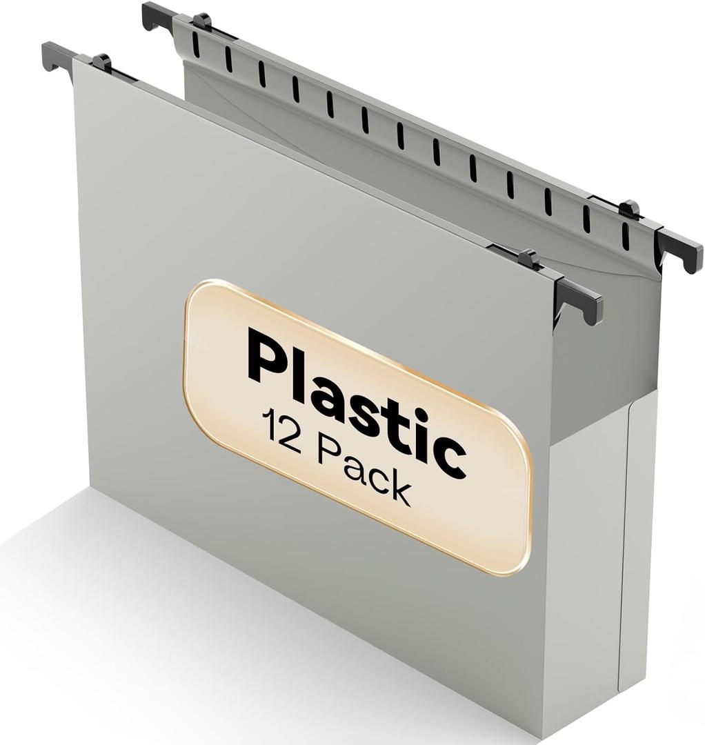 Plastic Extra Capacity Hanging File Folder Letter Size,12 Pack Reinforced Expandable Hanging Folders,Heavy Duty 2 Inch Expansion,Adjustable Tabs,Hanging Organizer Designed for Bulky Files(Gray) (Grey)