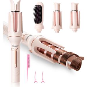 Auto Hair Curler, 3-in-1 Automatic Curling Iron & Brush Set, 1" & 1.25" Interchangeable Rotating Barrels, Anti-Scald & Anti-Tangle Wand for Hair Styling, Auto Shut-Off, Dual Voltage, Pink