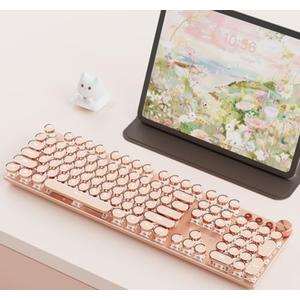 EWEADN V20 Typewriter Keyboard Wireless, 104 Keys Typewriter Style Mechanical with White Backlit, Media Knob, Pink Switch 2.4G/Bluetooth/USB-C Wired Retro Full Size Keyboard for Windows/Mac/PC-Pink