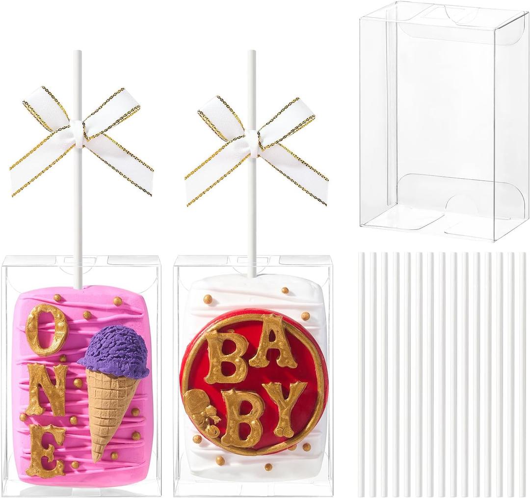 TEMLQPACK 40Pack 3.5"x 2.4"x 1.38"Clear Rice Krispie Treat Boxes with Sticks Individually Wrapped Packaing Kit Cakesickle Boxes Cake Pop Party Favors Boxes for Christmas Valentine's Birthday