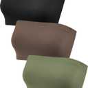 HESTYA 3 Pack Women's Strapless Bandeau Bra Seamless Bralette Soft Stretchy Non-Padded Wireless Tube Top Bras, Black, Coffee, Dark Green, Large