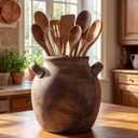 Havawish Rustic Kitchen Utensil Holder for Countertop - Farmhouse Ceramic Utensil Crock with Handle for Spatulas Vintage Kitchen Utensils Holder Cooking Organizer, Fit Ladle, Eggbeater(Dark Brown)
