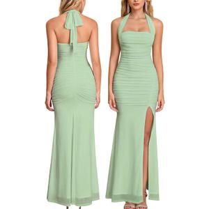 Women Bodycon Maxi Dress High Slit Halter Tie Ruched Long Formal Cocktail Wedding Guest Dresses (Green, S)