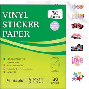 30 Sheets Printable Clear Sticker Paper for Inkjet Printer, Premium Vinyl Transparent Sticker Paper Waterproof, Dries Quickly, Vivid Colors, Tear Resistant, 8.5x11" Labels Great for Cutting Machines