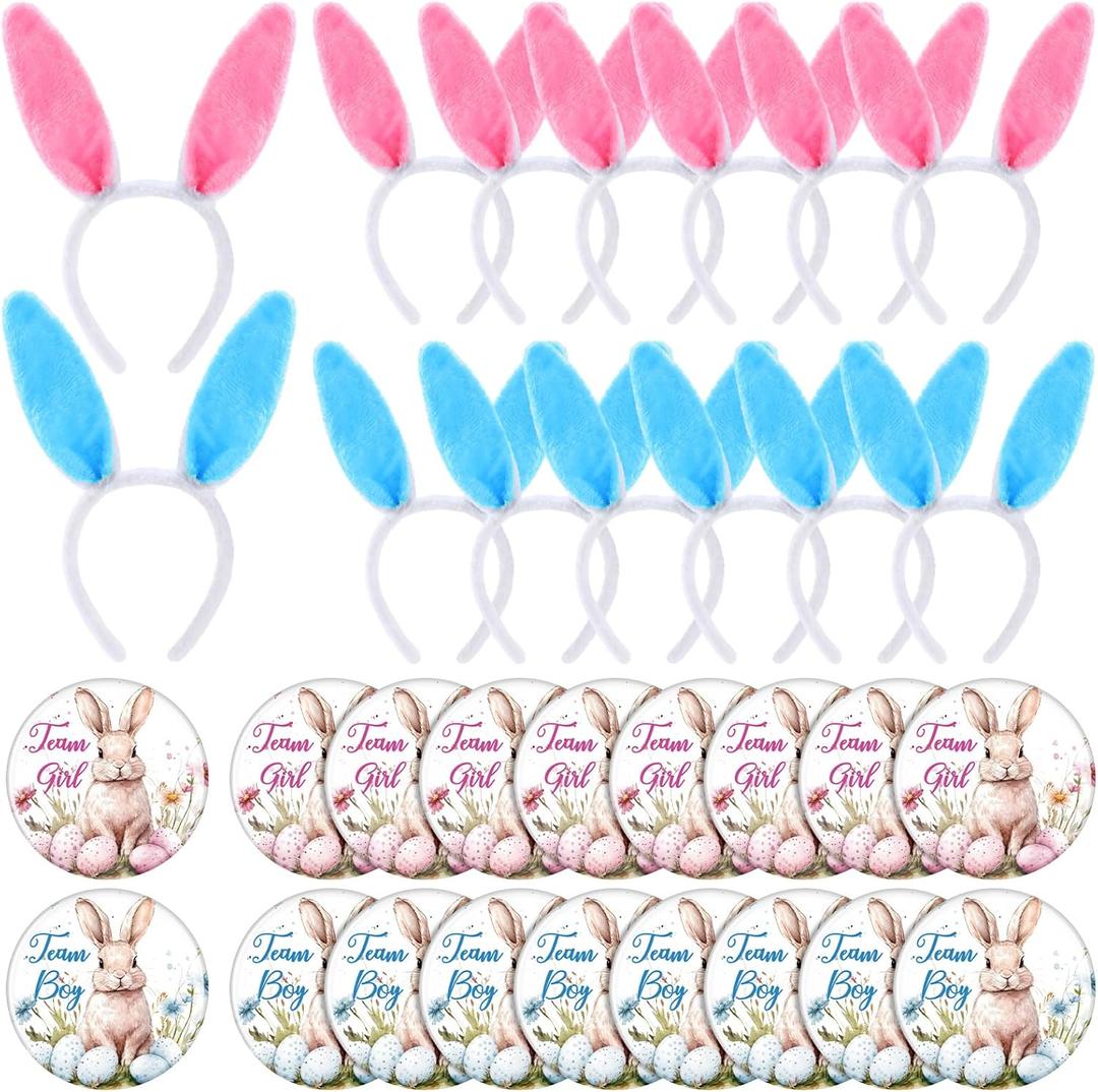 Wavwavw 48 Pcs Easter Gender Reveal Party Supplies Blue and Pink Bunny Ears Headbands Team Button Pins Bunny Party Favors Gender Reveal Ideas Games Supplies