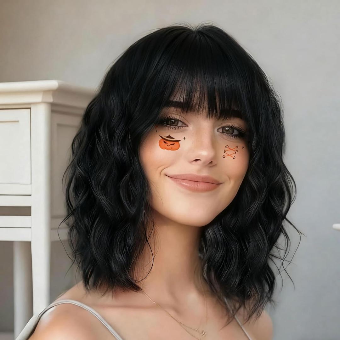 LOSMOEER Natural Black Wig with Bangs Short Wavy Wigs for Women Shoulder Length Curly Bob Wigs Heat Resistant Synthetic Wigs for Halloween Cosplay Daily Party Use (14 Inch) LOSMOEER Natural Black Wig with Bangs Short Wavy Wigs for Women Shoulder Length Curly Bob Wigs Heat Resistant Synthetic Wigs for Halloween Cosplay Daily Party Use (14 Inch)