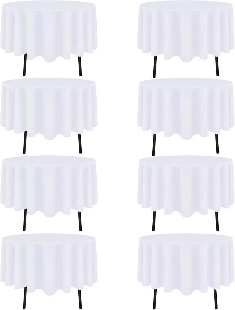 8 Packs Round Tablecloth 60 Inch White Table Cloth for Circle Tables, Washable Polyester Fabric Tablecloths, Wrinkle Resistant Table Cloth Round Cover for Wedding Party Banquet Dining