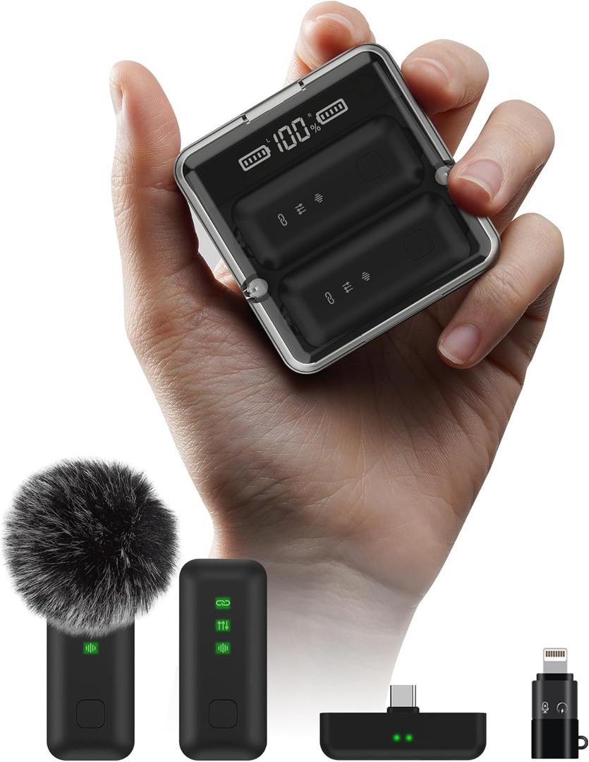 IVANKY 4Pcs Wireless Lavalier Microphone for iPhone with 2Pcs Charging Case, Lapel Mic for iPhone Android with Noise Cancellation, AI Voice Filter, 34H Used for Video Recording, TikTok, Vlog (1PC)