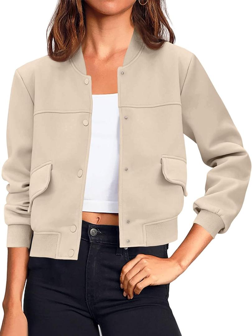 Tankaneo Womens Cropped Bomber Jackets Casual Button Down Long Sleeve Stand Collar Varsity Shacket Coats (Medium, Khaki)