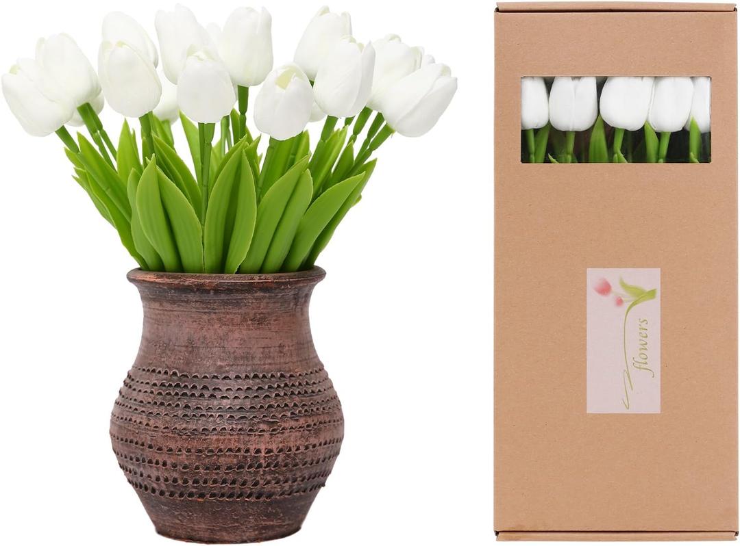 ucky Artificial Flowers 20Pcs Tulips Realistic Touch Spring Summer Fake Flowers for Home Decor Outdoor Garden Parties and Wedding Decorations Mother's Day Easter Gifts (White, 20 Pcs)