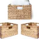Large 14.5 x 13.5 x 8 (Set of 3) Natural Water Hyacinth Woven Storage Baskets, Rectangular Wicker Basket with Built-in Handles, Large (Natural)