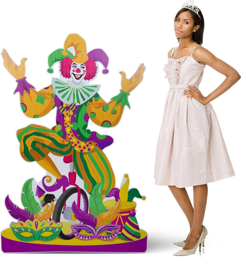 Bucherry 4.7 Feet Mardi Gras Jester Cardboard Cutout Stand-up Life Size Masquerade Carnival Theme Party Decoration Backdrop Photo Props Jester Stand up for Mardi Gras Carnival Masquerade Supply