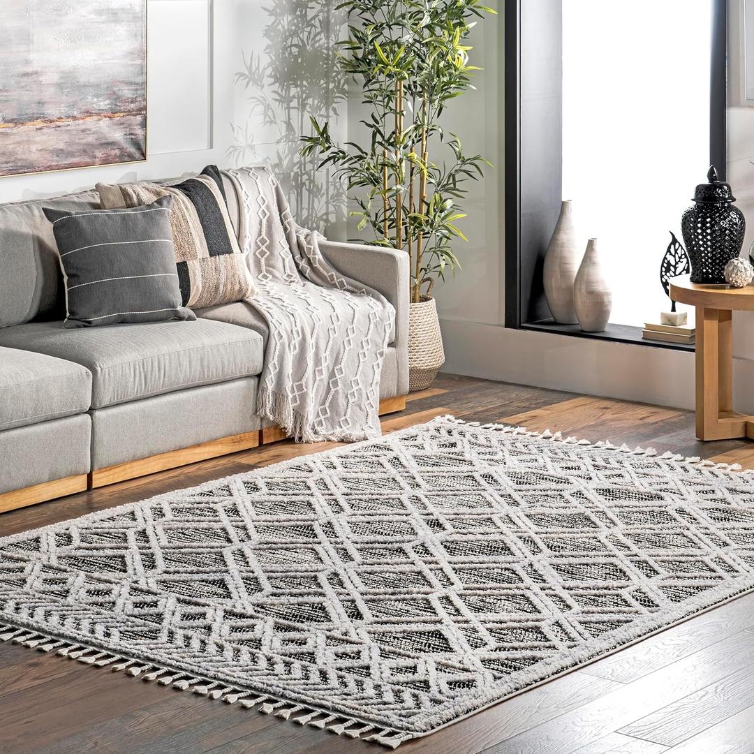 nuLOOM 2x6 Ansley Moroccan Tassel Area Rug, Grey, High-Low Textured Bohemian Design, Plush High Pile, Stain Resistant, For Bedroom, Living Room, Hallway, Entryway