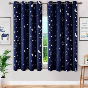 WUBODTI Boys Curtains Navy Blue 100% Blackout Star Curtains Cute Space Themed Thermal Insulated Room Darkening Blackout Short Drapes for Kids Room Nursery Boys Bedroom(W52 x L63, 2 Panels) (52"W x 63"L (Pack of 2))