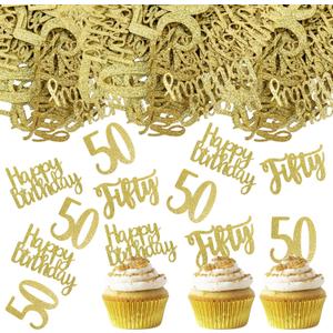 30 Pcs Happy Birthday Cupcake Toppers Glitter Fifty Happy 50th Birthday 30 Pcs Confetti Table Scatter Confetti Decorations for Birthday Party Baby Shower DIY Arts and Crafting GoldenTwo-Sided (Golden9)
