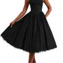 Women Summer Halter Dress Low Cut Sleeveless A Line Tulle Swing Flowy Tea Length Dress Corset Prom Formal Ball Gowns (Black, Small)