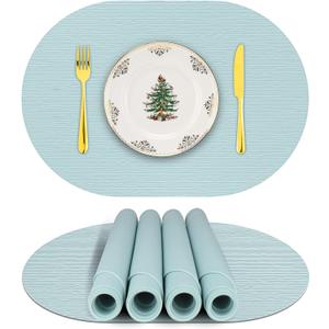 Silicone Placemats, Oval Placemats for Dining Table, Placemats Set of 4, Non-Slip Waterproof Heat Resistant Table Mat, Outdoor Placemat for Patio Table (Light Blue-Oval)