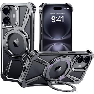 X Case for iPhone 16 Case 6.1",with Kickstand 360Rotatable Magnetic Ring Stand,[Compatible with MagSafe] Shockproof Aluminum Metal Phone Case Slim & Light Phone case,Gray (Black)