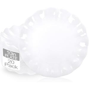 LIYH 20 Pcs Scalloped Plastic Plates Reusable 10 In - White Scalloped Plastic Dinner Plates Camping Unbreakable Outside Plate Dishwasher Safe for Wedding Party Birthday Picnic - BPA Free
