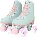 XUDREZ Roller Skates for Girls and Women, Light Green PU Leather Indoor Outdoor Roller Skates with Pink Light Up Wheels for Youth Kids Girls | 38-US Women 7, Youth 6