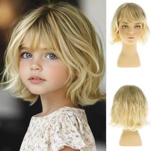 Short Wavy Blonde Kids Wig Synthetic Girls Bob Wig with Bangs Child Cosplay Costume Party Use