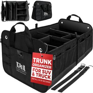 TRUNKCRATEPRO XL Heavy-Duty Trunk Organizer Reinforced SUV & Truck Cargo Storage with 6 Adjustable Compartments, Non-Slip Base & Securing Straps (Foldable Design, Black)