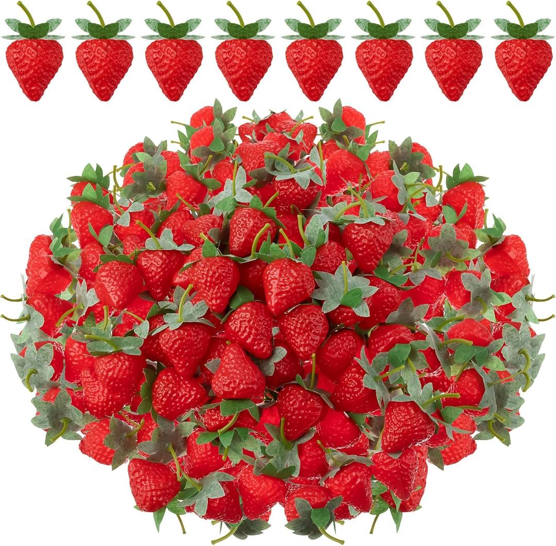 Lyrow 100 Pieces Artificial Strawberries 2.2inch/2.76inch/3.35inch Faux Realistic Strawberry Decor Plastic Simulation Fake Lifelike Fruit for Photography Prop Cabinet Party(Cute)