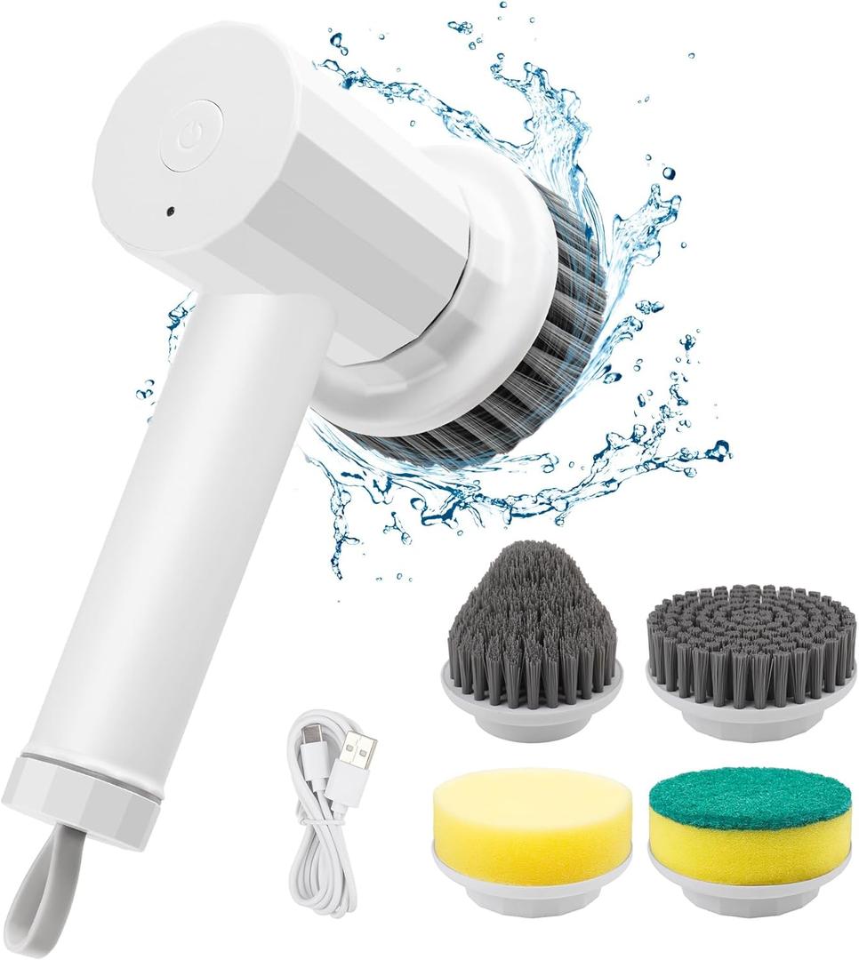 Electric Spin Scrubber Cordless Power Cleaning Brush Rechargeable Scrubber for Bathroom Tub Sink Kitchen Dishes Tile Window Floor Grout with 4 Replaceable Brush Heads, White