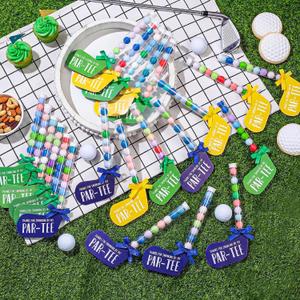 VioraWhite 24 Set Golf Party Favor Bulk Golf Birthday Party Decoration Set Includes Gumball Candy Tubes with Mini Hats and Stickers Clear Plastic Tubes Sport Goodie Bag Gift(Blue,Green,Yellow)