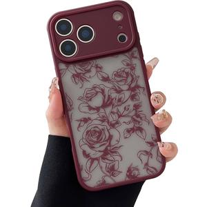 XIZYO Case for iPhone 17 Pro, Cute Frosted Translucent Rose Floral Flower Pattern Shockproof Cover, for Girls Women Luxury Aesthetic Soft TPU Protective Phone Case, Branch Rose/Wine Red