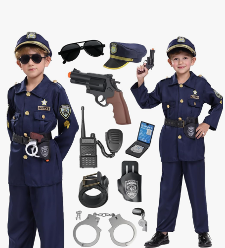 Police Officer Costume for Kids, Cop Costume Outfit Set with Accessories, Kids Halloween Costumes for Boys Girls, Police Costume Role Play Kit for Halloween Career Day