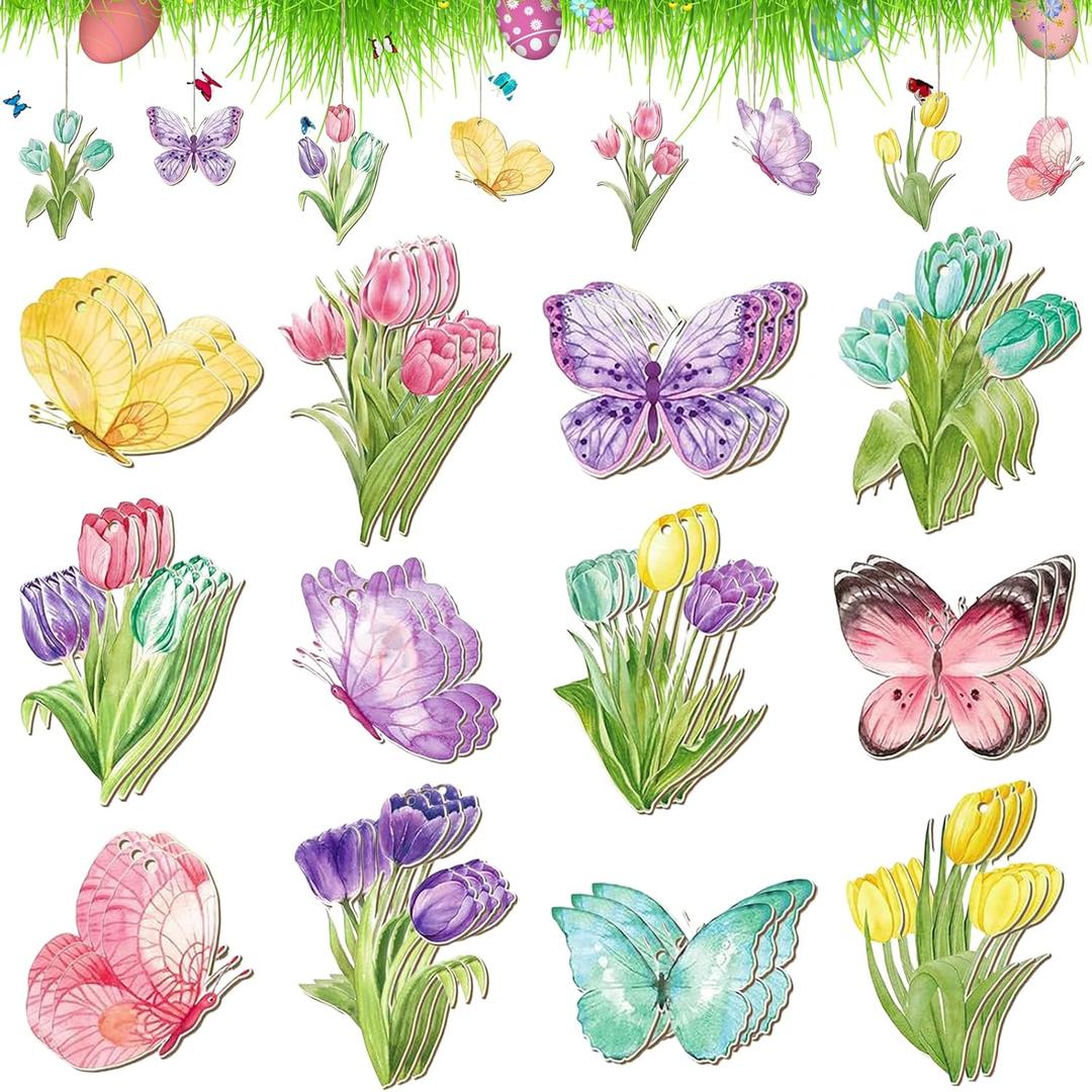 36 Pcs Spring Tree Ornaments: Spring Wooden Flowers Decorations Tulip Butterfly Hanging Decor for Small Tree Home Party